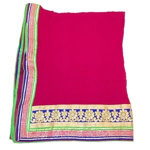 Hot Pink Gold Trim Embroidered Indian Pakistani Saree Wedding Celebration Wrap